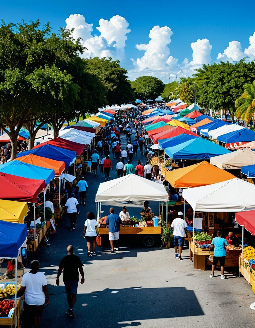A vibrant cityscape of Lauderdale Lakes bustling with activity, showcasing diverse residents engaged in various community events, colorful market stalls, and public art installations adding a lively atmosphere. Include people of different backgrounds socializing and enjoying recreational activities. The sky is bright blue with fluffy clouds, capturing the essence of community spirit. vector art. bright colors.