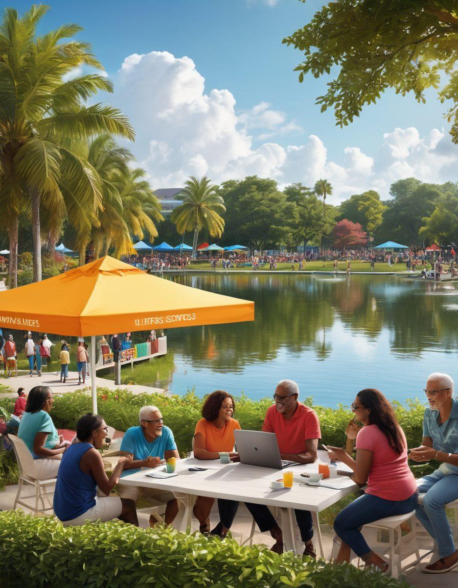 A vibrant community scene depicting diverse Lauderdale Lakes residents engaged in various activities, such as attending a local event, using technology for updates, and exploring resources. The image should feature lush greenery, the iconic Lauderdale Lakes water backdrop, and colorful banners promoting connection and community spirit. Add subtle hints of digital devices symbolizing connectivity, like smartphones and tablets. portray a sense of warmth and togetherness. super-realistic. vibrant colors. sunny ambiance.