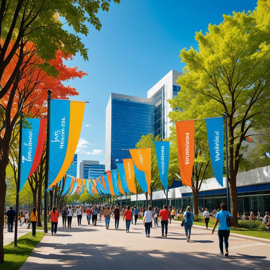 A colorful, dynamic cityscape featuring diverse citizens engaging with interactive displays about local government updates, surrounded by vibrant banners of community events. Incorporate an open, modern government building in the background, with trees and outdoor activities in a lively park setting. A bright blue sky enhances the scene, symbolizing hope and progress. bright colors. vector art.